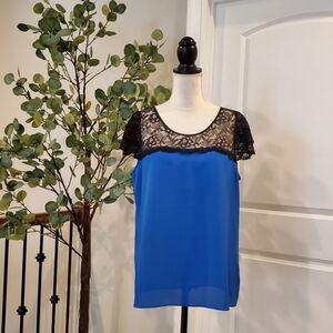 Express Blue Blouse with Black Lace Detail